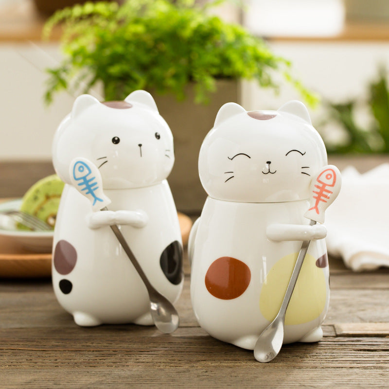 Cute Cat Coffee Mug Cup With Spoon Creative Hand Painted Drinkware Milk Tea Ceramics Cups Novelty Gifts