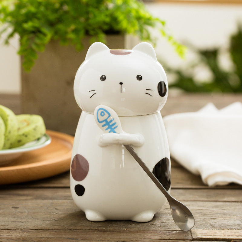 Cute Cat Coffee Mug Cup With Spoon Creative Hand Painted Drinkware Milk Tea Ceramics Cups Novelty Gifts