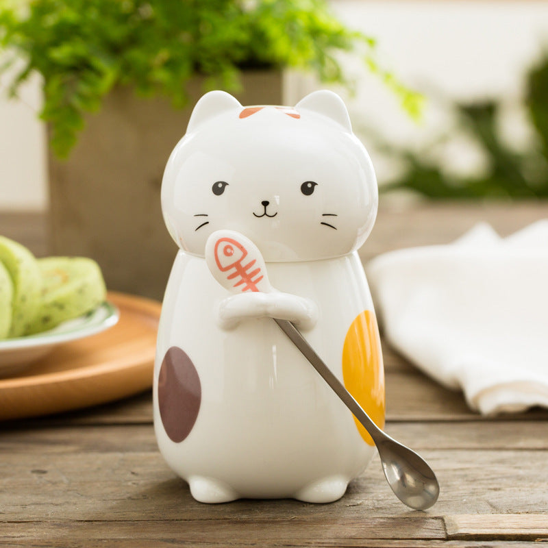 Cute Cat Coffee Mug Cup With Spoon Creative Hand Painted Drinkware Milk Tea Ceramics Cups Novelty Gifts