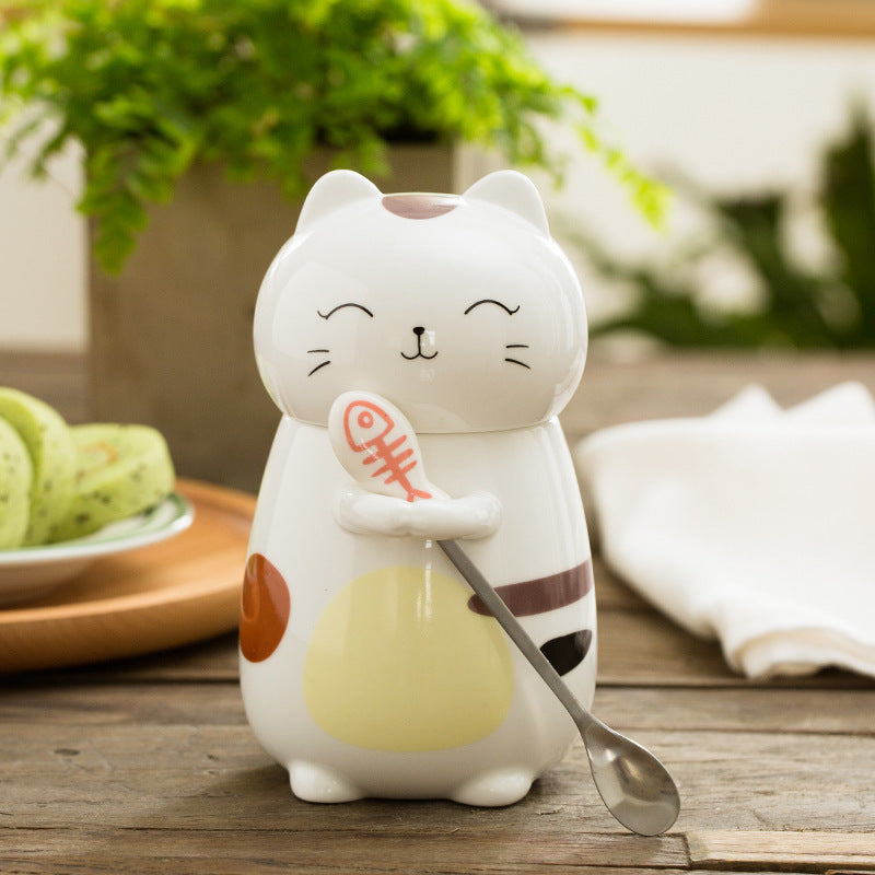 Cute Cat Coffee Mug Cup With Spoon Creative Hand Painted Drinkware Milk Tea Ceramics Cups Novelty Gifts