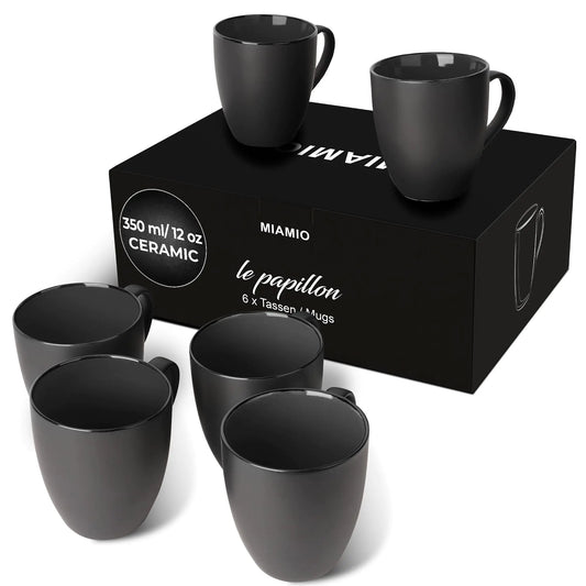 MIAMIO - Le Papillon 12 oz Black Ceramic Mug Set of 6
