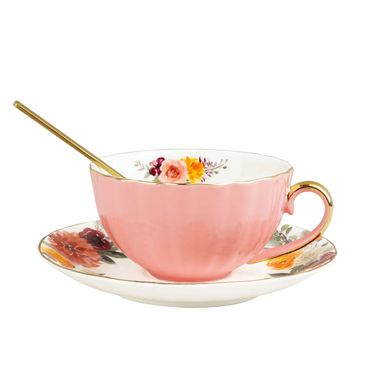English Rose Porcelain Tea Cup Set with Gold Spoon